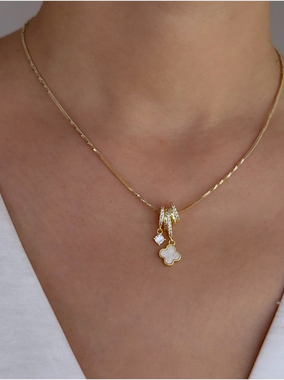 14K Gold Plated MoP Clover Necklace | CZ Pavé Rings & Crystal Charm - Picture 2 of 12